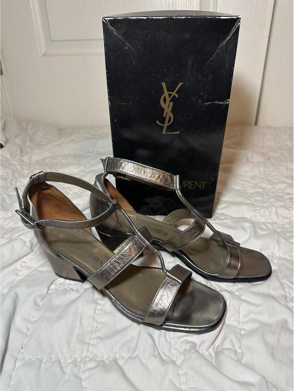 Yves Saint Laurent Metallic Gunmetal Strappy Block Heel Sandals